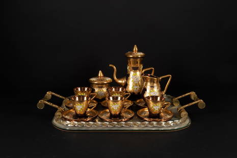 ENGLISH TEA SET: 5 TEA CUP AND SAUCER, CREAMER AND SUGAR BOWL, TEAPOT(DAMAGED) "HANDMADE BY MURANO: 英国MURANO GLASS茶具一套 English Tea set: 5 Tea Cup and Saucer, Creamer and Sugar Bowl, Teapot(Damaged) "Handmade by MURANO GLASS in Gold 24 KRS." Tray Height: