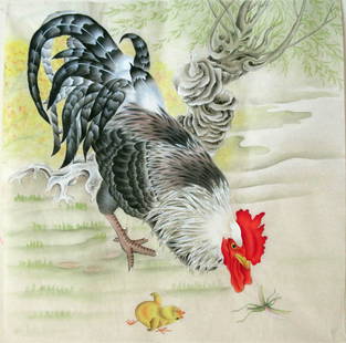 AUSPICIOUS COCK PAINTING: 工笔花鸟 公鸡 大吉大利 四尺斗方 纯手绘 Auspicious cock painting Length: 25 7/8 in (66.0 cm)