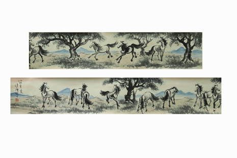 XU BEIHONG: INK AND COLOR ON PAPER PAINTING 'HORSE': 徐悲鸿《骏马图》手卷 Xu Beihong: ink and color on paper painting 'Horse' Length: 13 1/2 in (34.0 cm) Width: 133 7/8 in (340.0 cm)