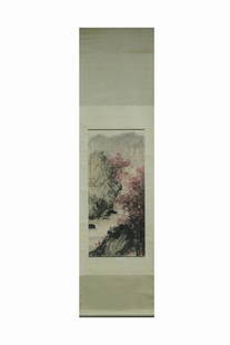 FU BAOSHI: INK AND COLOR ON PAPER PAINTING 'LANDSCAPE SCENERY': 傅抱石《桃花源》立轴 Fu Baoshi: ink and color on paper painting 'Landscape Scenery' Length: 37 1/2 in (95.0 cm) Width: 18 1/8 in (46.0 cm)