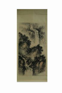 FU BAOSHI: INK AND COLOR ON PAPER PAINTING 'LANDSCAPE SCENERY': 傅抱石《山水人物》立轴 Fu Baoshi: ink and color on paper painting 'Landscape Scenery' Length: 70 1/8 in (178.0 cm) Width: 35 1/2 in