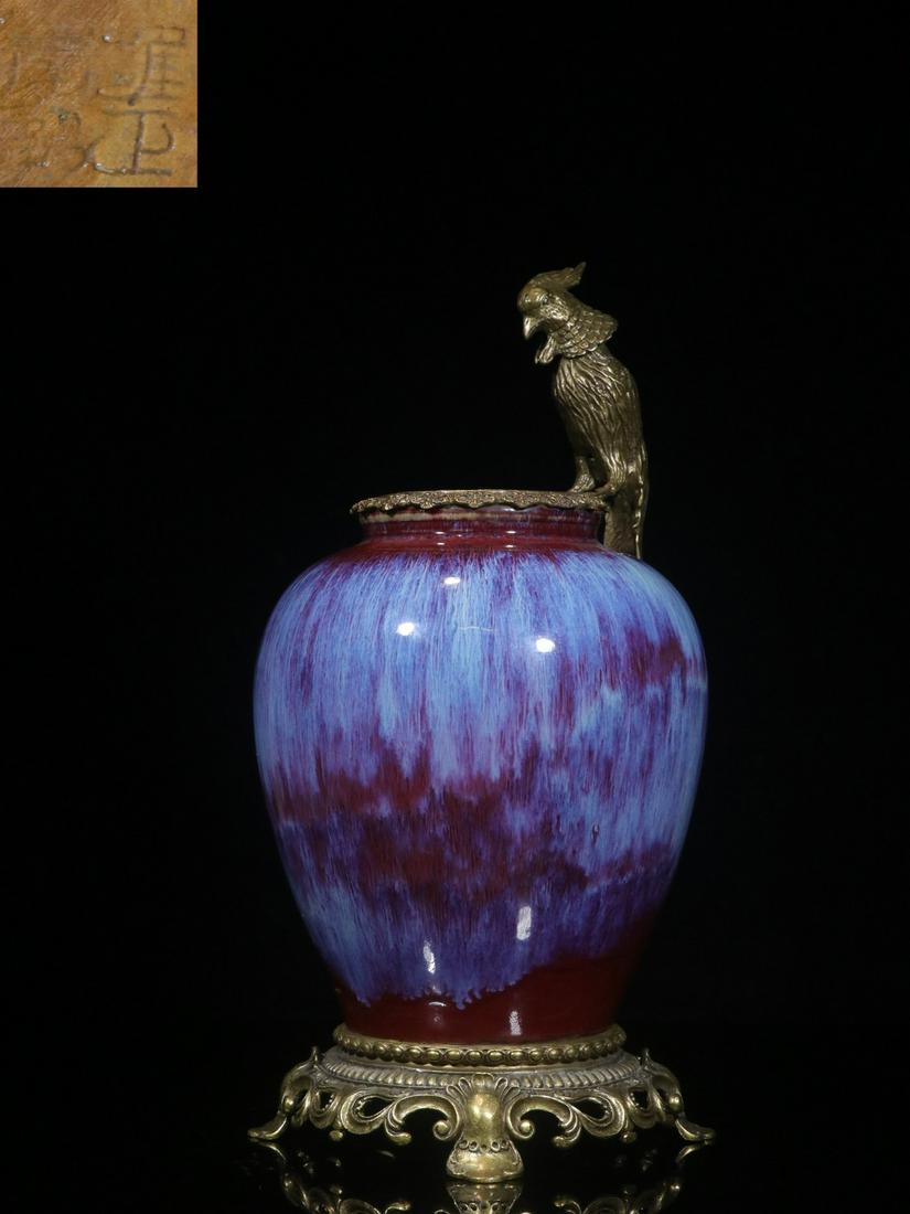 JUN WARE INFUSE GLAZED JAR WITH WESTERN BRONZE ENCLOSURE AND STAND (1 of 9)