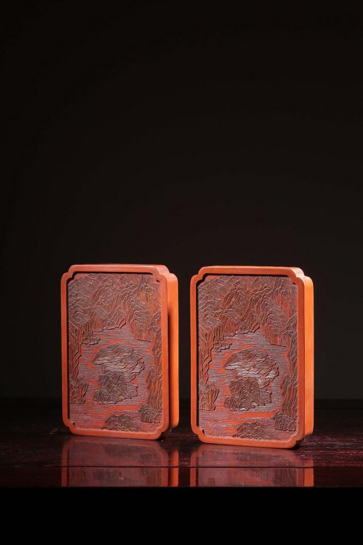 PAIR OF ZHUSHA STONE CARVED 'LANDSCAPE SCENERY' INKSTONES (1 of 9)