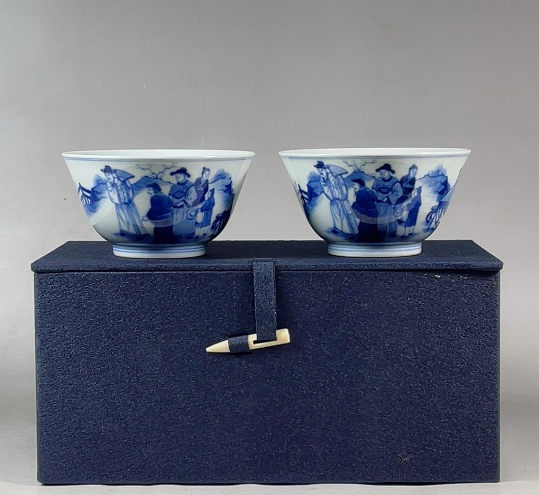 BLUE WHITE FIGURES STORY BOWLS PAIR (1 of 9)
