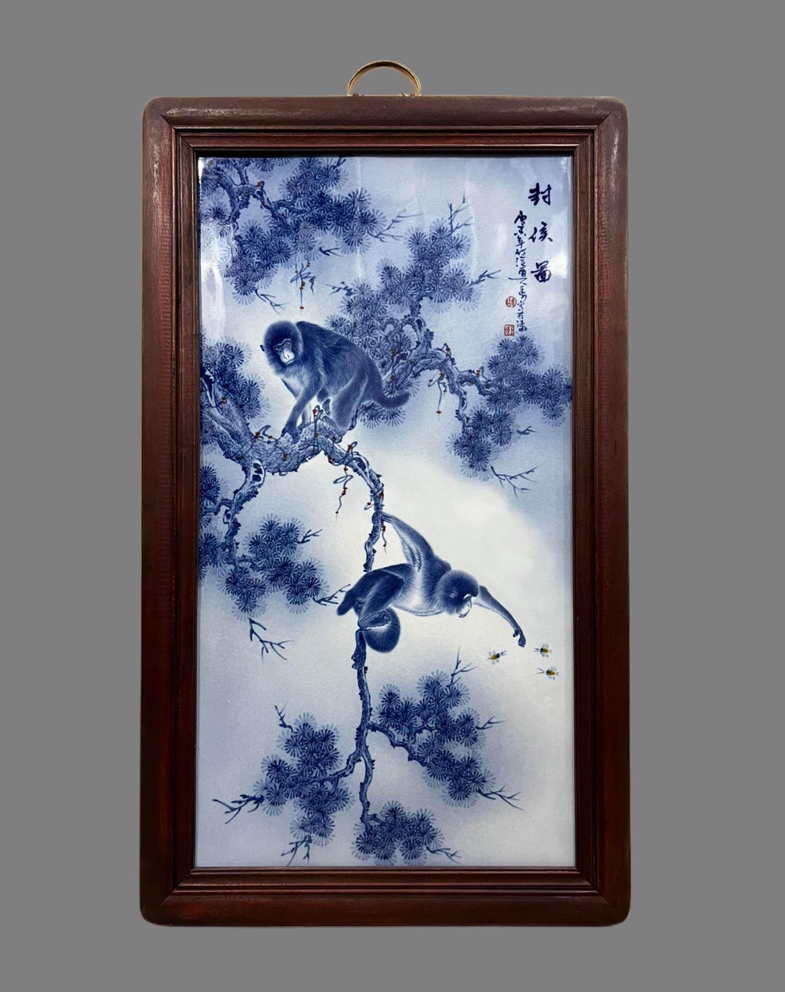 BLUE WHITE AUSPICIOUS CLIMBING MONKEYS FENG HOU TU PLAQUE: 作扵珠山八友＂王步＂封侯图 瓷板画 Blue white auspicious climbing monkeys Feng Hou Tu plaque Height: 35 1