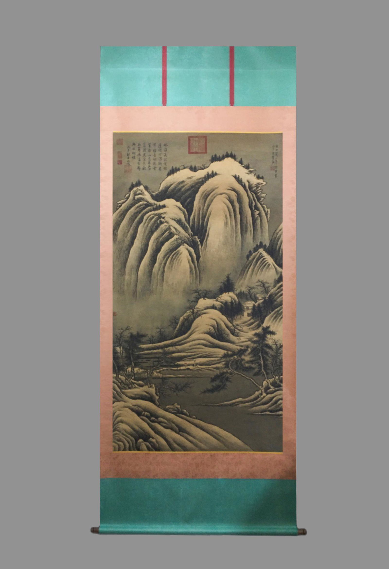 LARGE SIZE LANDSCAPE PAINTING SCROLL WITH WANG MENG & EMPEROR QIAN LONG MARK: 王蒙 山水 六尺 山居图 乾隆御题 Large size landscape painting scroll with Wang Meng & emperor Qian Long mark Length: 70 1/8