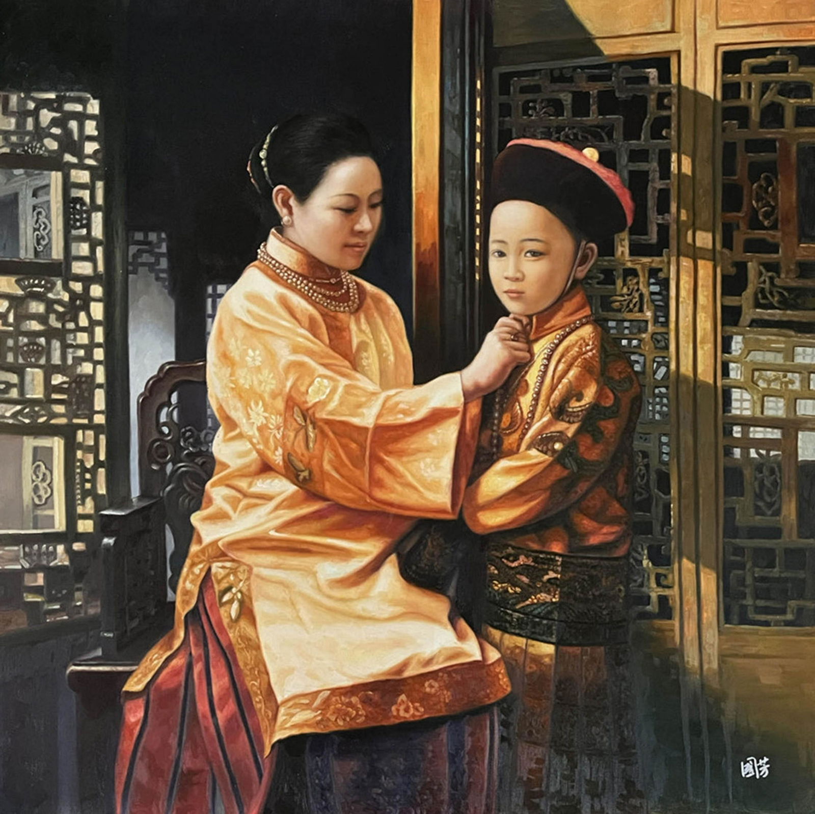JIANG GUOFANG: OIL ON CANVAS 'CHANGING CLOTHES FOR LITTLE MASTER': 姜国芳（1951-）少主更衣，（Little Emperor）布面油画。 jiang guofang: oil on canvas 'Changing cloth