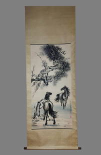THREE HORSES PAINTING WITH XU BEIHONG MARK: 徐悲鸿 三骏图立轴 Three horses painting with Xu Beihong mark Length: 53 5/8 in (136.0 cm) Width: 25 7/8 in (66.0 cm)