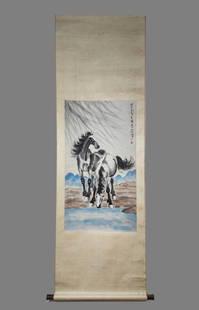 HORSES PAINTING WITH XU BEIHONG MARK: 徐悲鸿 骏马图立轴 Horses painting with Xu Beihong mark Length: 23 7/8 in (60.5 cm) Width: 13 2/8 in (33.5 cm)