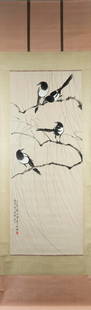 XU BEIHONG: INK AND COLOR ON PAPER PAINTING 'BIRDS': 徐悲鸿，四喜图。 Xu Beihong: ink and color on paper painting 'Birds' Length: 53 in (134.6 cm) Width: 21 in (53.3 cm)