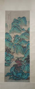 QIAN DU' ,LANDSCAPE SCROLL: 钱杜，青绿山水，立轴 QIAN DU' ,landscape SCROLL Length: 52 3/8 in (133.0 cm) Width: 18 1/8 in (46.0 cm)