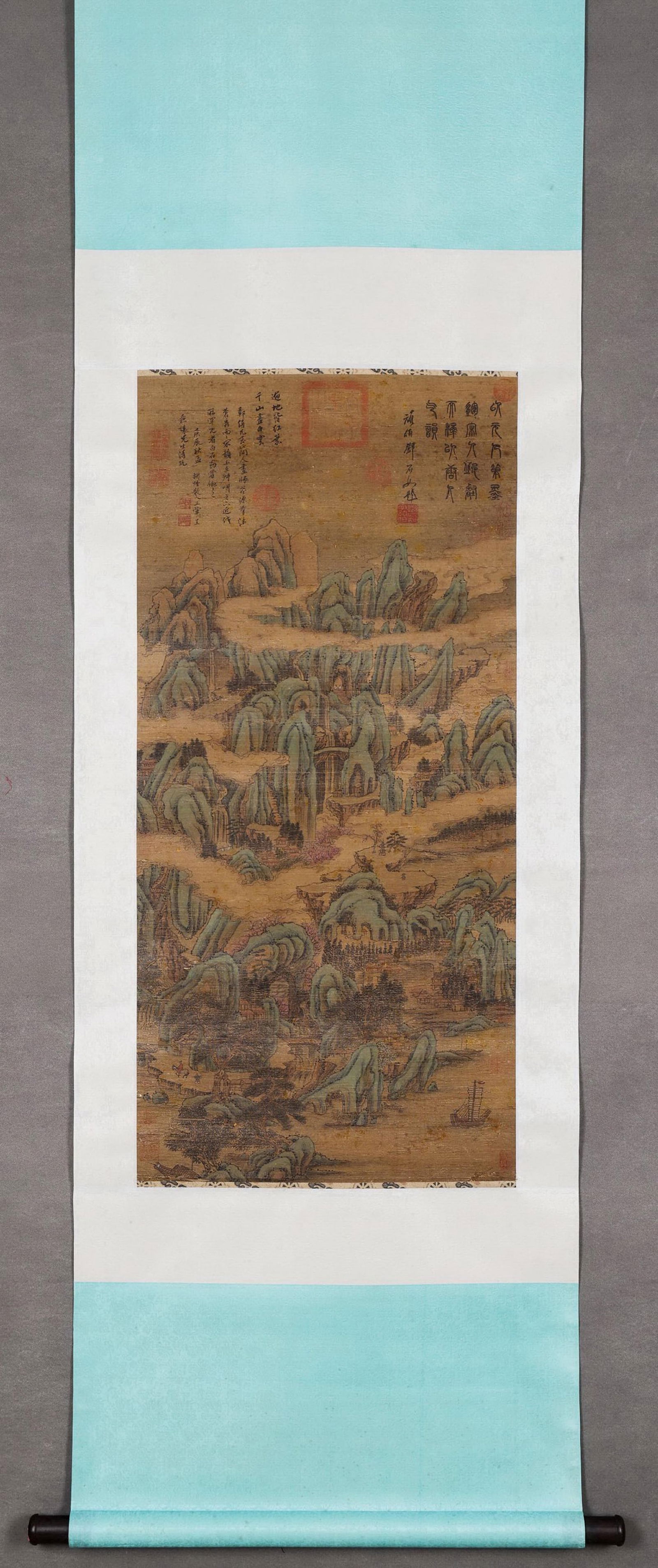 WANG HUI'S AND THE THE THE THE RIVER: 王翚 老绢本春江行旅图 立轴 邓石如题跋 精装裱 Wang Hui's and the the the the Rive