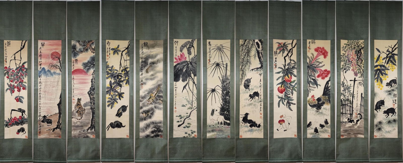 QI BAISHI TWELVE CHINESE ZODIAC MAP 12 SCREEN: 齐白石 十二生肖图立轴 十二条屏 Qi Baishi twelve Chinese zodiac map 12 screen Length: 53 7/8 in (137.0 cm) Width: 12