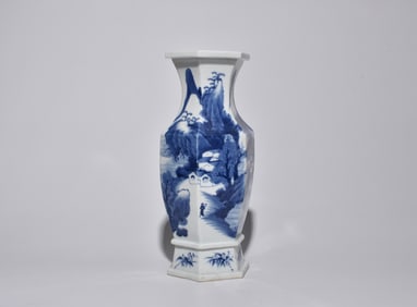 BLUE AND WHITE HEXAGONAL VASE