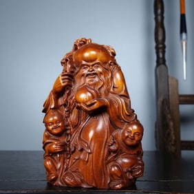 WOOD CARVING LONGEVITY GOD WITH KIDS SCULPTURE