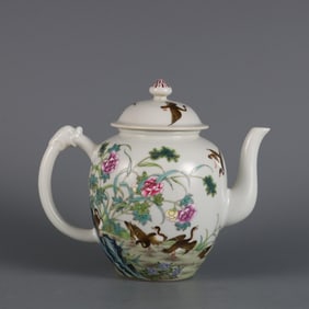 PASTEL FLOWERS AND BIRDS INSCRIBED POEM DRAGON HEAD TEAPOT