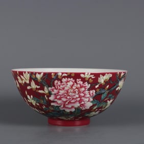 CARMINE GROUND FAMILLE ROSE MAGNOLIA PATTERN PALACE BOWL
