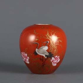 IMPERIAL CORAL RED BACKGROUND FAMILLE ROSE FLOWERS AND BIRDS PATTERN GOLD BOWL