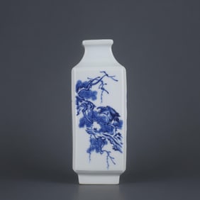 BLUE AND WHITE FLOWER AND BIRD PATTERN SQUARE BOTTLE