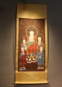 DA QIAN MINERAL-COLORED HAND-PAINTED SILK SCROLL OF NAMO BODHISATTVA