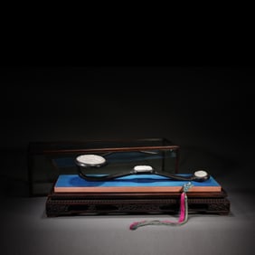 WHITE JADE THREE-INLAID RED SANDALWOOD HANDLE RUYI