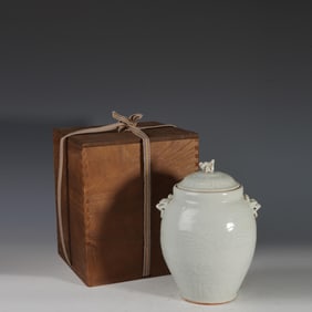 CARVED PORCELAIN BLUE AND WHITE GLAZE DOUBLE-EARED LIDDED JAR