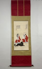 HAND PAINTING TWO BEAUTIES AND A DOG SCROLL WITH MARK OF ZHANG DAQIAN
