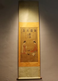 ZHOU FANG MINERAL COLOR HAND-PAINTED SILK LADY FIGURE SCROLL
