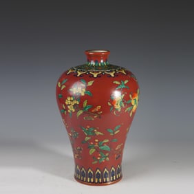 CORAL RED GROUND PINK ROSE LONGEVITY PLUM VASE