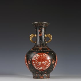 BLACK GROUND ALUM RED OPENING DRAGON PATTERN DOUBLE EAR VASE