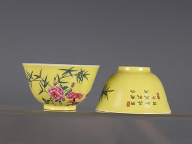YELLOW GROUND FAMILLE ROSE BAMBOO FLOWERS BOWLS PAIR