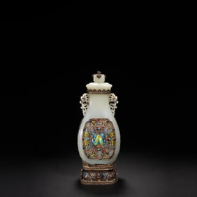 WHITE JADE INLAID GILDED DOUBLE-HANDED VASE