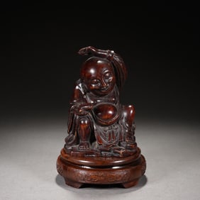 BAMBOO ROOT CARVED LIU HAI PLAYING WITH GOLDEN TOAD ORNAMENT