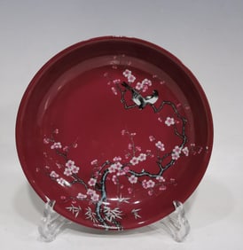 CARMINE GROUND FAMILLE ROSE BIRDS FLOWERS PATTERN PLATE