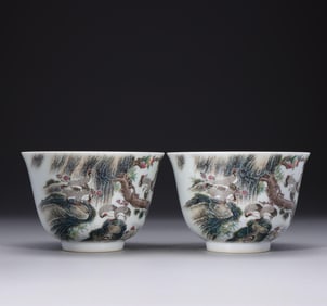 ENAMEL PINE AND CRANE LONGEVITY PATTERN CUPS
