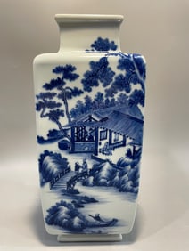 BLUE WHITE LANDSCAPE SQUARE VASE WITH MARK OF WANG BU