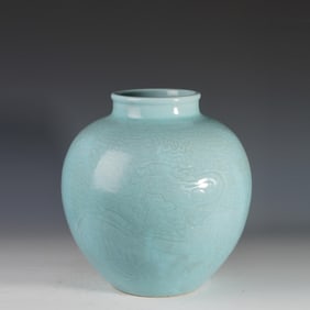 SKY BLUE GLAZE DARK CARVED DRAGON PATTERN JAR