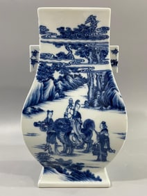 BLUE WHITE FIGURES BIRTHDAY LONGEVITY WISHING SQUARE VASE