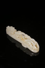 XINJIANG HETIAN WHITE JADE CARVING OF BLUE DRAGON TEACHING HIS SON DRAGON HOOK ORNAMENT