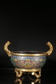 COPPER BODY ENAMEL BAMBOO PATTERN DOUBLE-EARED THREE-LEGGED INCENSE BURNER