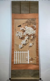 HAND PAINTING BIRDS FLOWERS SCROLL WITH MARK OF ZHANG DAQIAN