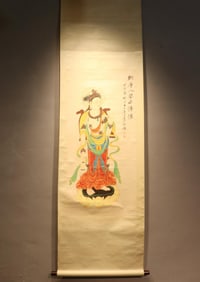 DA QIAN MINERAL COLOR HAND-PAINTED PAPER BUDDHIST BEADS STANDING SCROLL