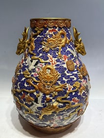 FINE GOLD CARVING NINE DRAGONS AUSPICIOUS CRANES CLOUDS VASE