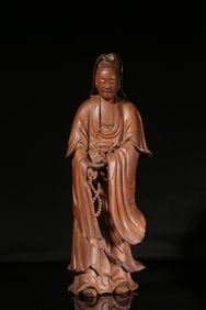 CARVED GUANYIN HOLDING SUTRA STANDING STATUE
