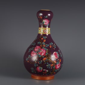 PURPLE GROUND FAMILLE ROSE POMEGRANATE PATTERN INSCRIPTION POEM GARLIC BOTTLE