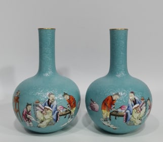 FAMILLE ROSE CHARACTER STORY VASES PAIR