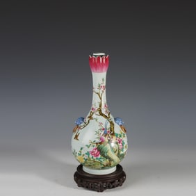 PINK ROSE FLOWER AND BIRD DOUBLE TEACHER EAR VASE