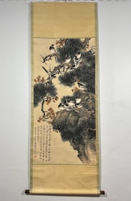 HAND PAINTING BIRDS ON PINE TREE SCROLL WITH MARK OF ZHANG DAQIAN