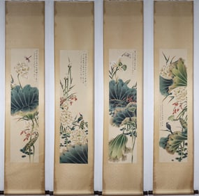 HAND PAINTING BIRDS FLOWERS SCROLLS SET WITH MARK OF CHEN ZHIFO