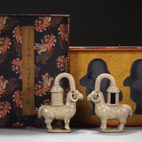 GE KILN BEIGE GLAZE PALACE ROYAL SHEEP PALACE LAMP PAIR WITH "QIANLONG IMPERIAL THEME"